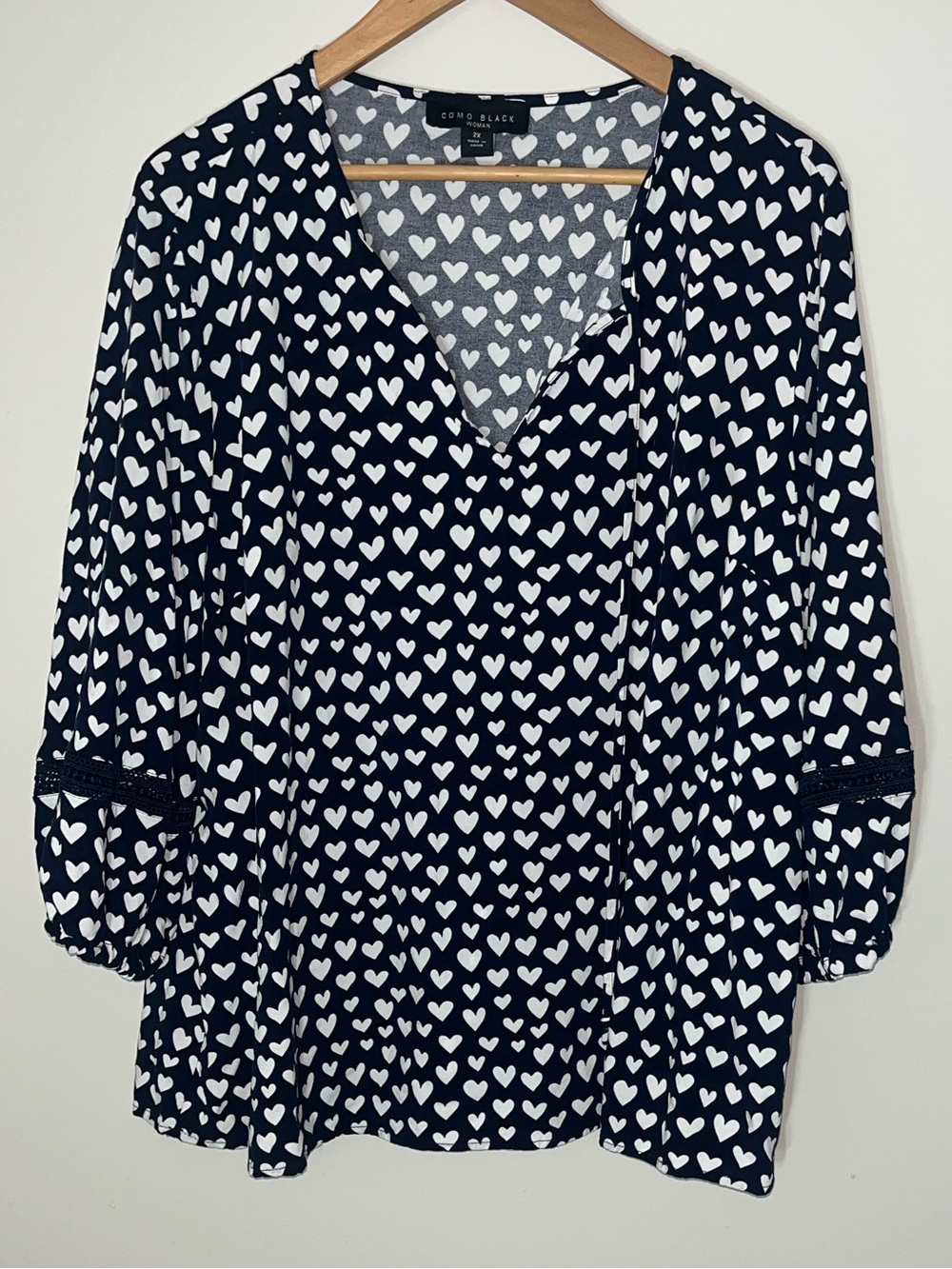 Navy and white Heart-Print V-Neck Blouse